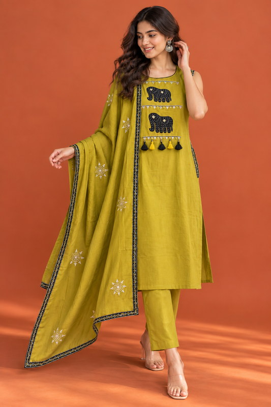 Gajgamini Applique elephant Green Kurta set with dupatta