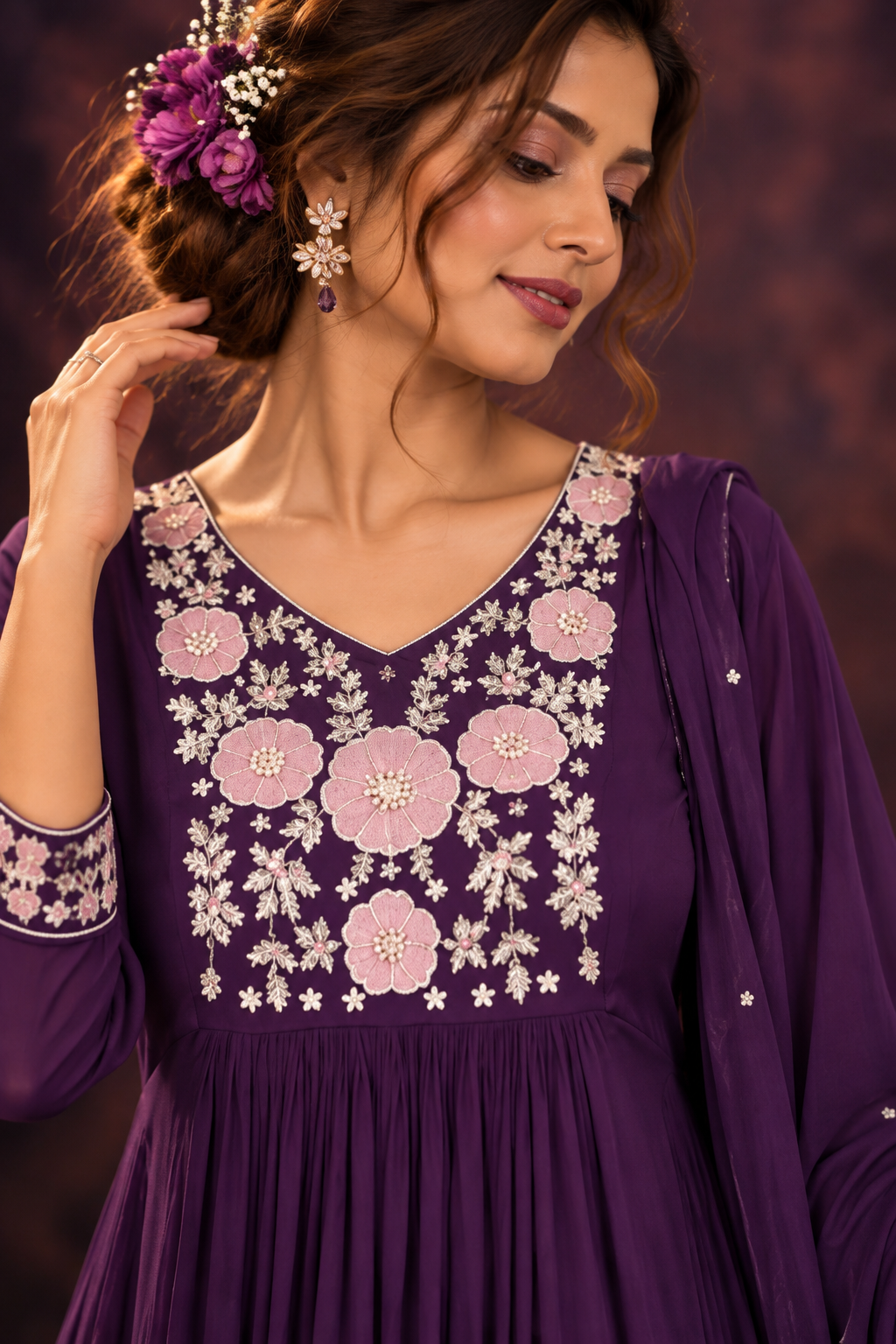 Jamuni plum purple embroidered chiffon anarkali set with sheer dupatta by Nayab Pitara – view 5