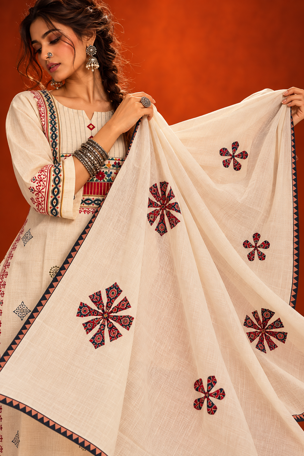 Tarini ivory cotton appliqué work straight kurta suit set with dupatta by Nayab Pitara – view 4