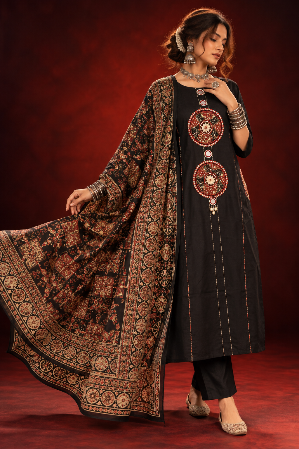 Zohra black cotton anarkali suit set with embroidered yoke and printed dupatta by Nayab Pitara – view 8