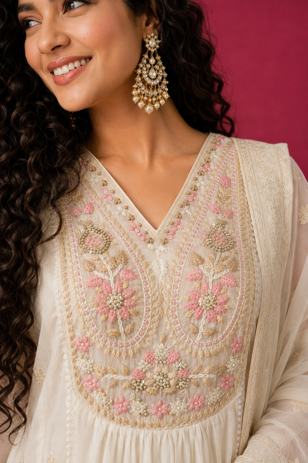 Mira off-white cotton Anarkali with floral thread embroidery and dupatta by Nayab Pitara – view 2