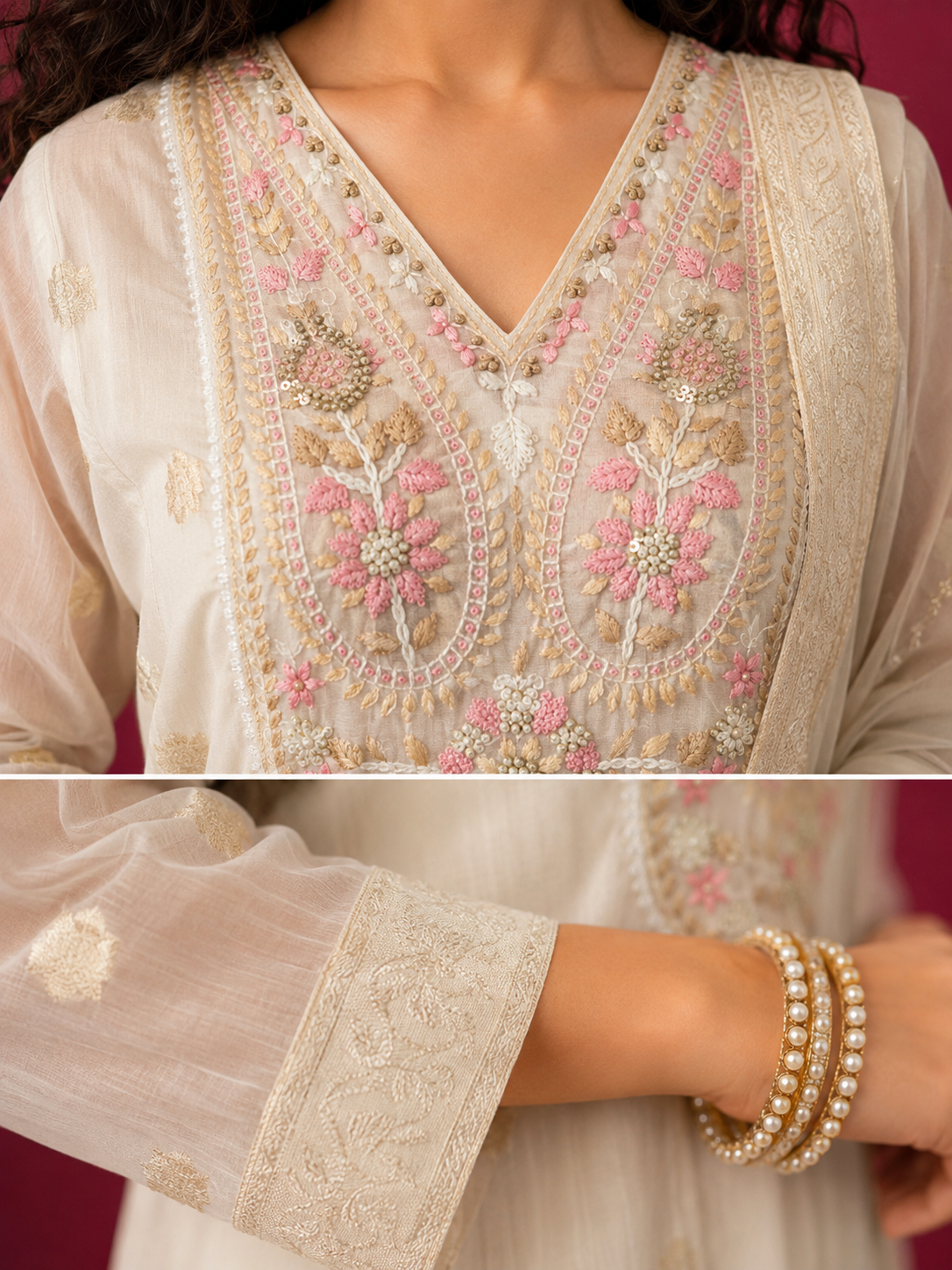 Mira off-white cotton Anarkali with floral thread embroidery and dupatta by Nayab Pitara – view 3