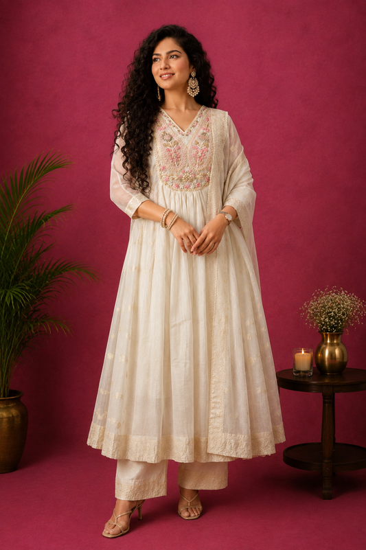 Mira Delicate Embroidered Off White Dupatta Anarkali set by Nayab Pitara - view 1
