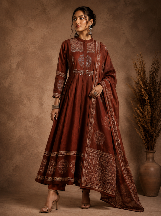 Mrida Earthen Brown Anarkali suit set by Nayab Pitara - view 1