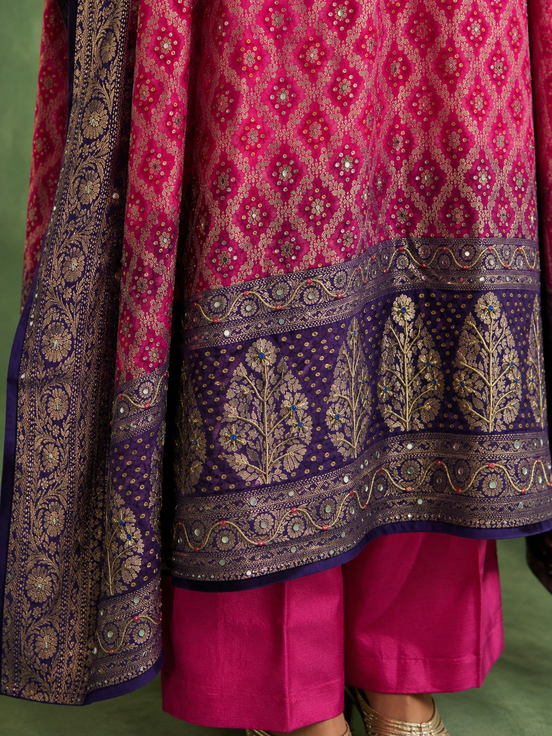 Navya fuchsia and purple ombre Bandhani georgette festive kaftan set by Nayab Pitara – view 4