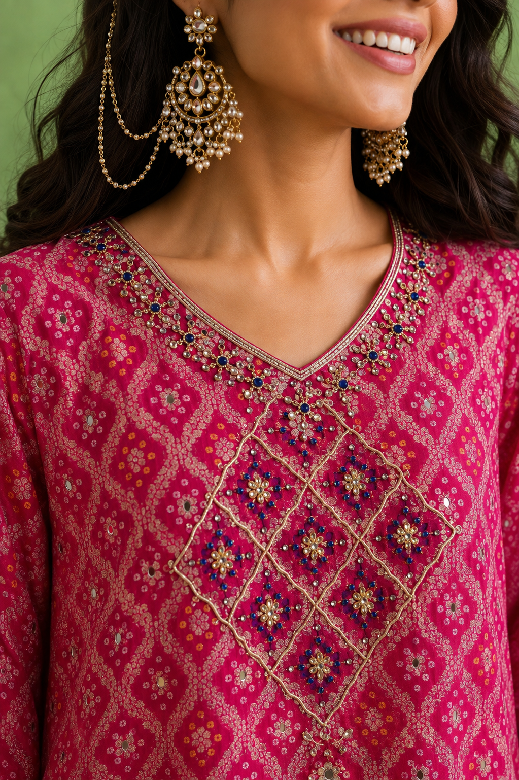 Navya fuchsia and purple ombre Bandhani georgette festive kaftan set by Nayab Pitara – view 3