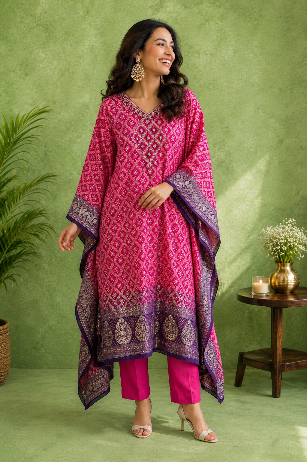 Navya fuchsia and purple ombre Bandhani georgette festive kaftan set by Nayab Pitara – view 2