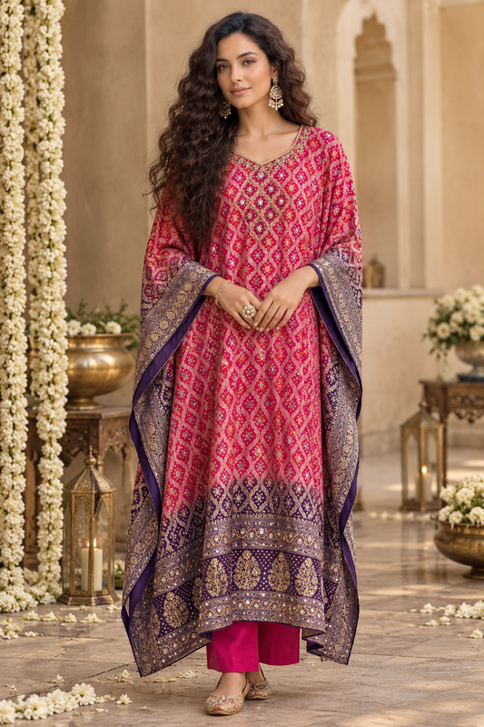 Navya Pink and Purple shaded Festive Kaftan Set