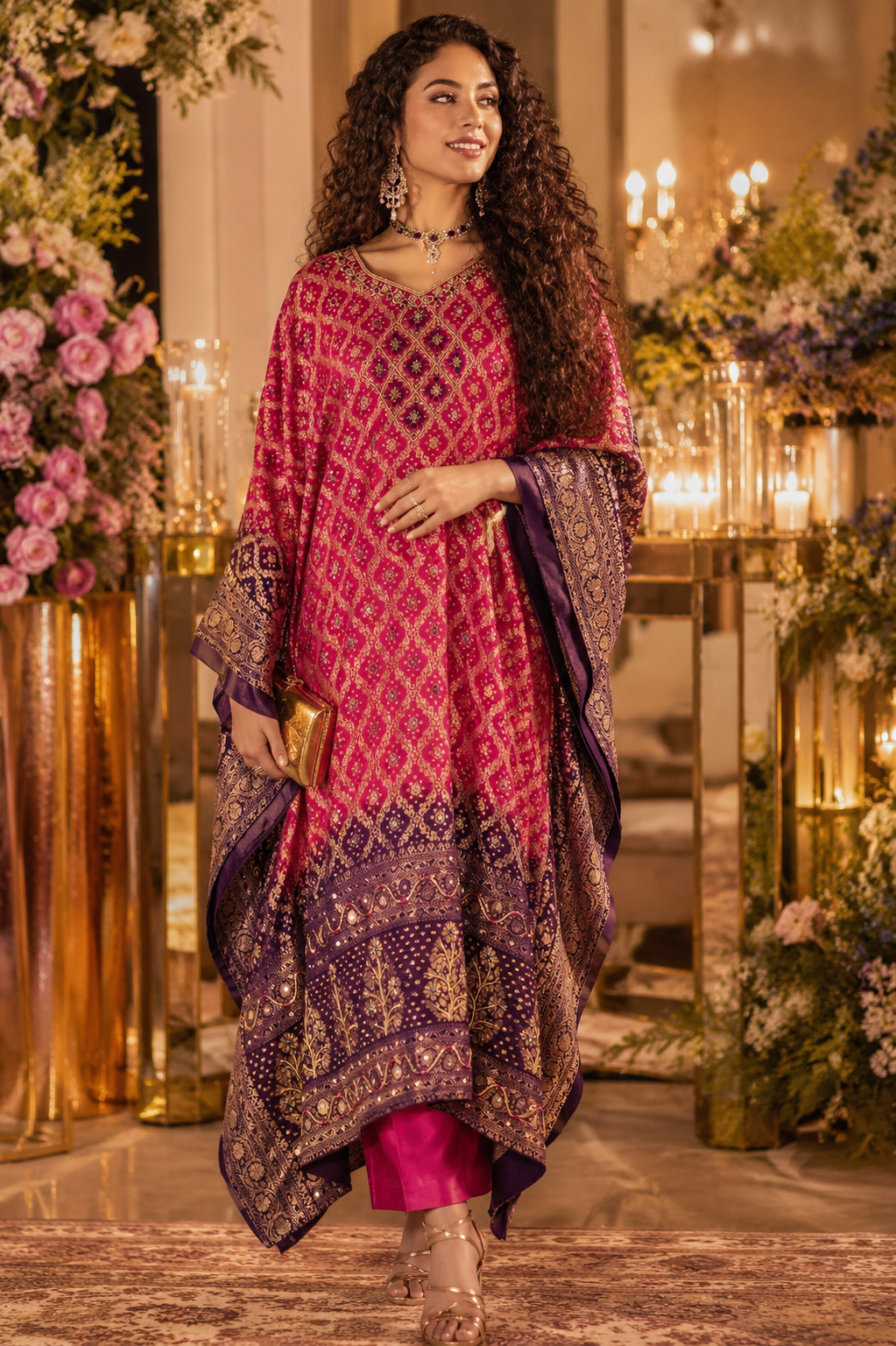 Navya fuchsia and purple ombre Bandhani georgette festive kaftan set by Nayab Pitara – view 7