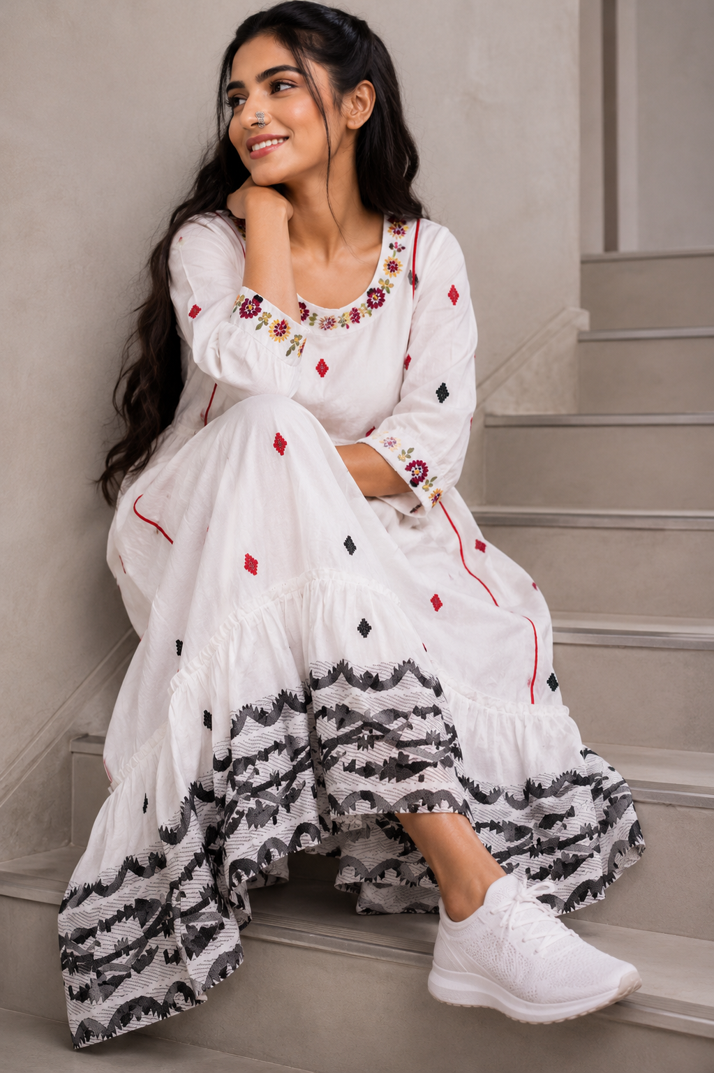 Kahaani white Jamdani cotton dress with woven florals and colourful embroidery by Nayab Pitara – view 5