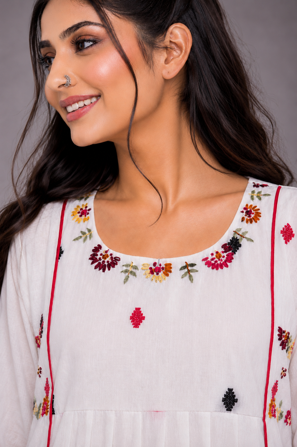 Kahaani white Jamdani cotton dress with woven florals and colourful embroidery by Nayab Pitara – view 3