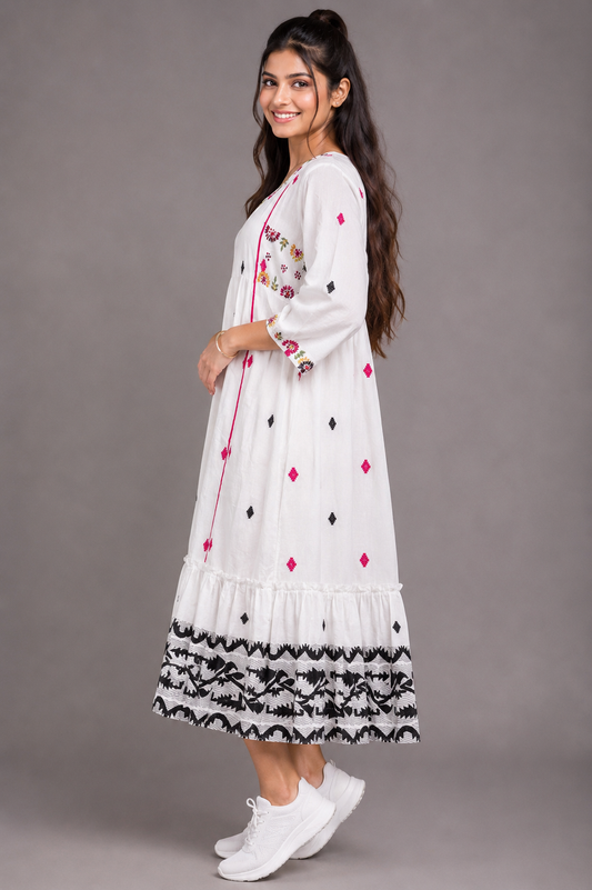 Kahaani Jamdani Cotton White Dress
