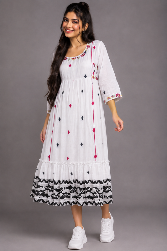 Kahaani Jamdani Cotton White Dress