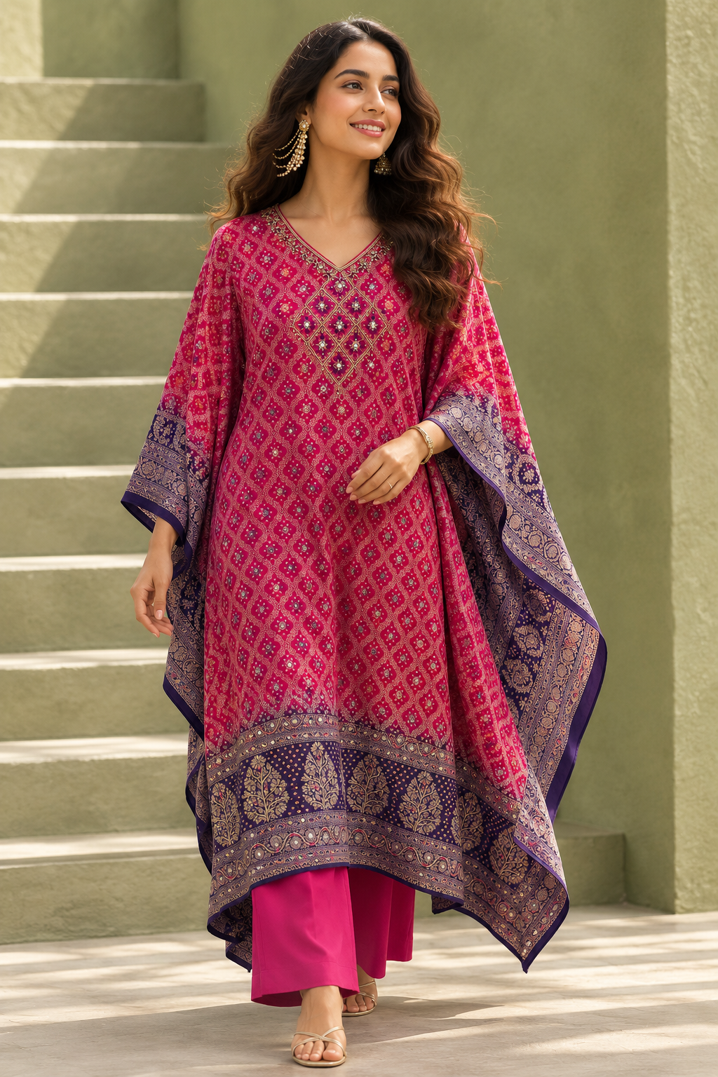 Navya fuchsia and purple ombre Bandhani georgette festive kaftan set by Nayab Pitara – view 6