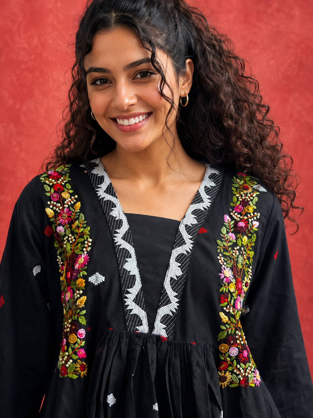 Rangmala black Jamdani cotton dress with multicoloured floral embroidery by Nayab Pitara – view 5