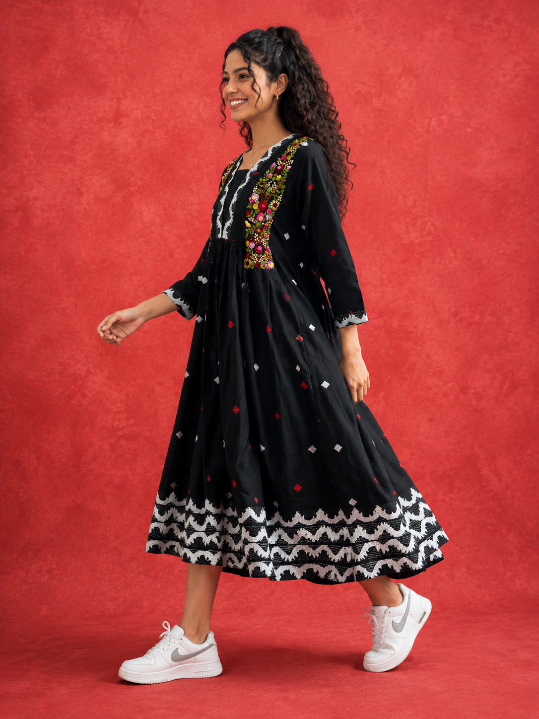 Rangmala black Jamdani cotton dress with multicoloured floral embroidery by Nayab Pitara – view 4