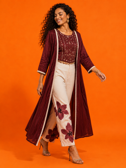 Gerua Indo Western outfit with Floral Pants