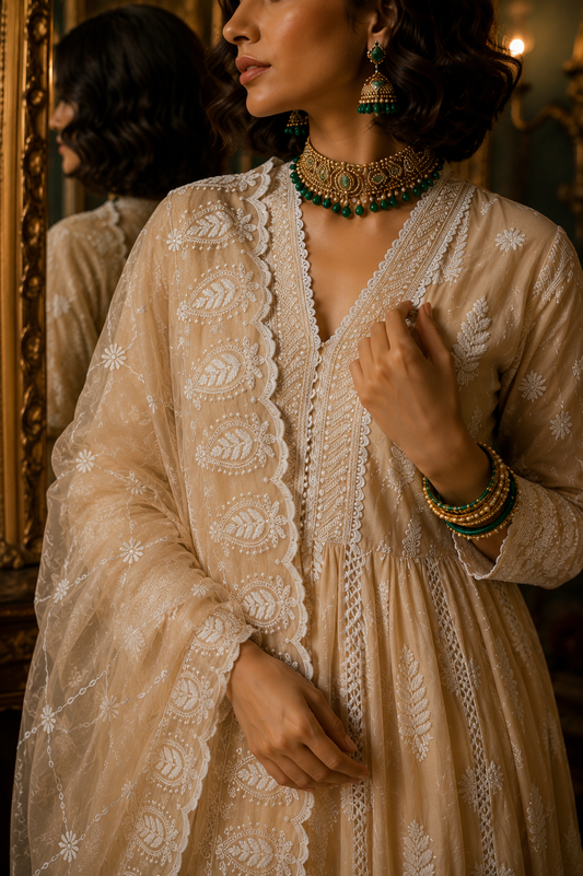 Mehrunisa Beige Anarkali set by Nayab Pitara - view 1