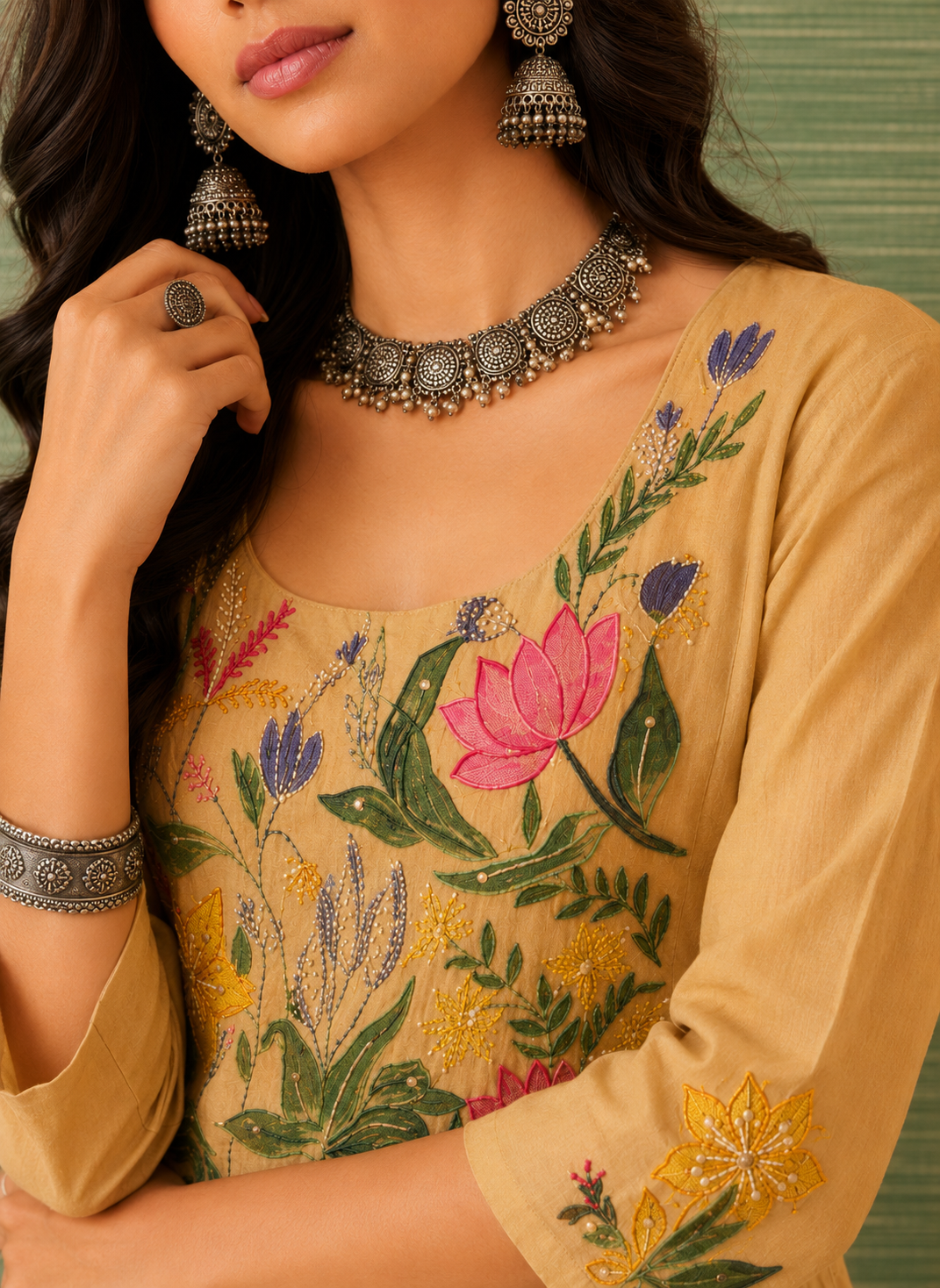 Mehek beige cotton A-line midi dress with floral hand embroidery on the yoke by Nayab Pitara – view 4