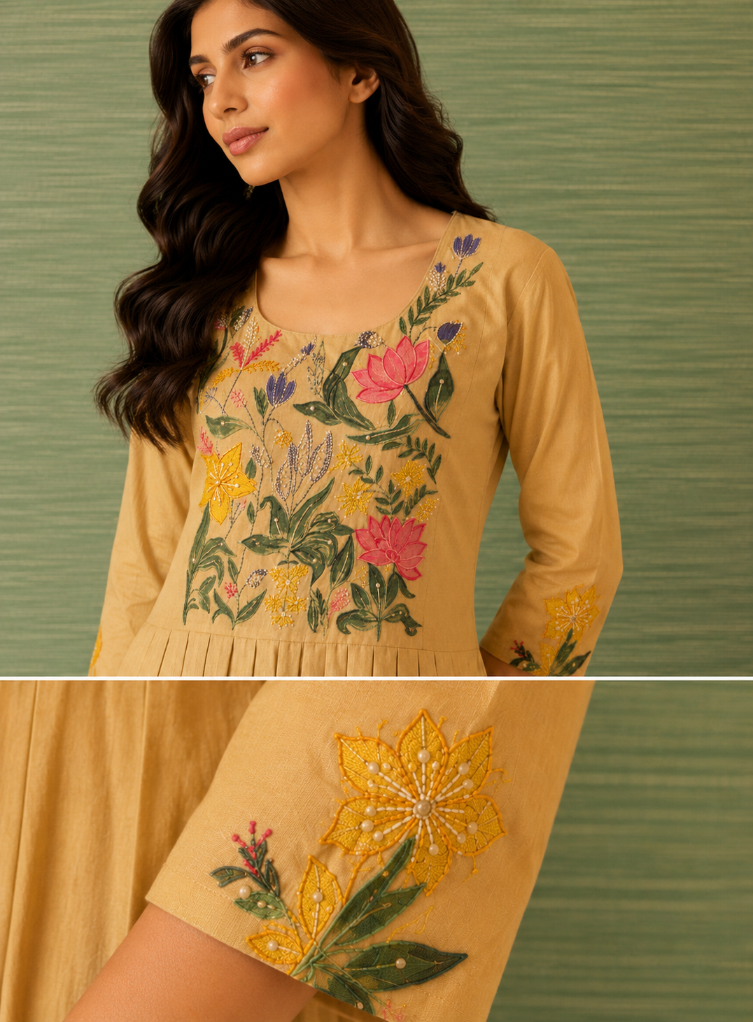 Mehek beige cotton A-line midi dress with floral hand embroidery on the yoke by Nayab Pitara – view 3