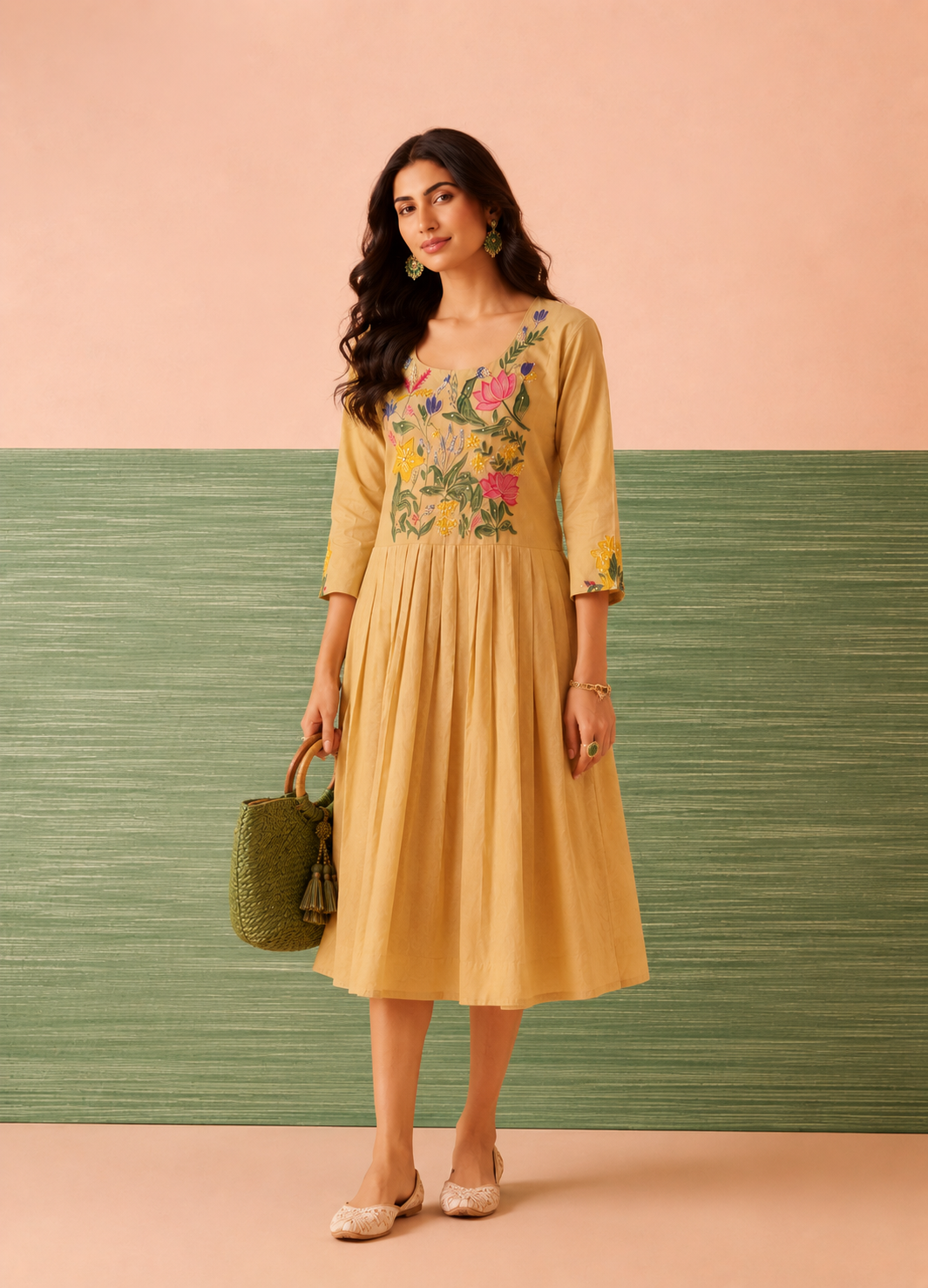 Mehek beige cotton A-line midi dress with floral hand embroidery on the yoke by Nayab Pitara – view 2
