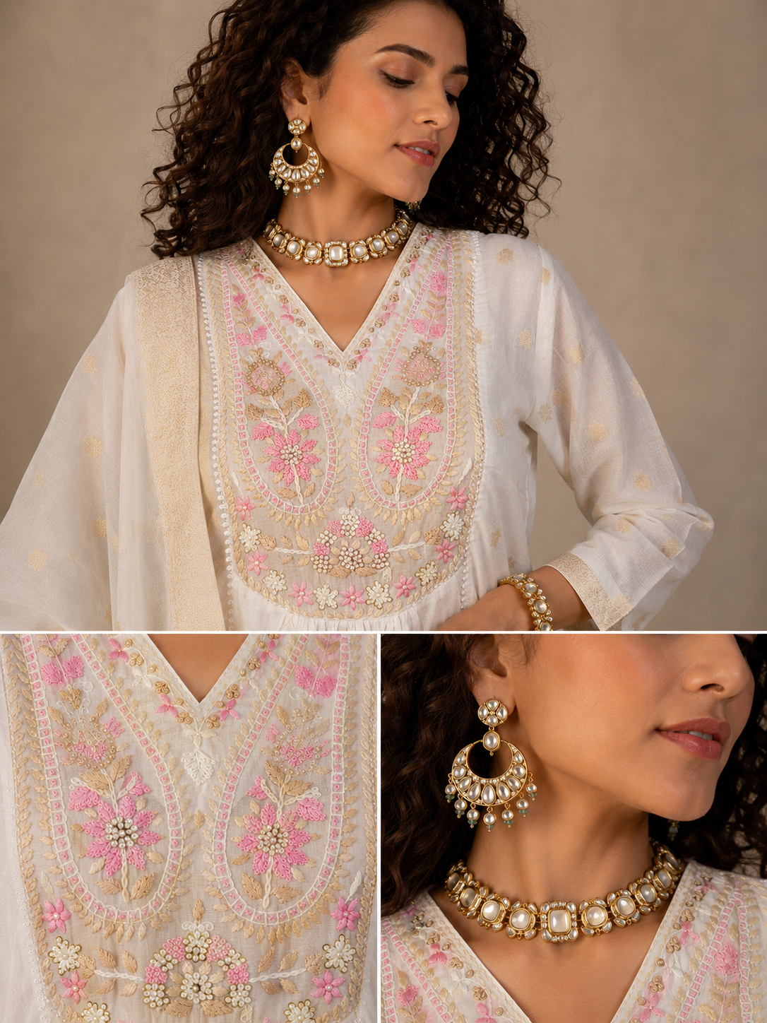 Mira off-white cotton Anarkali with floral thread embroidery and dupatta by Nayab Pitara – view 6
