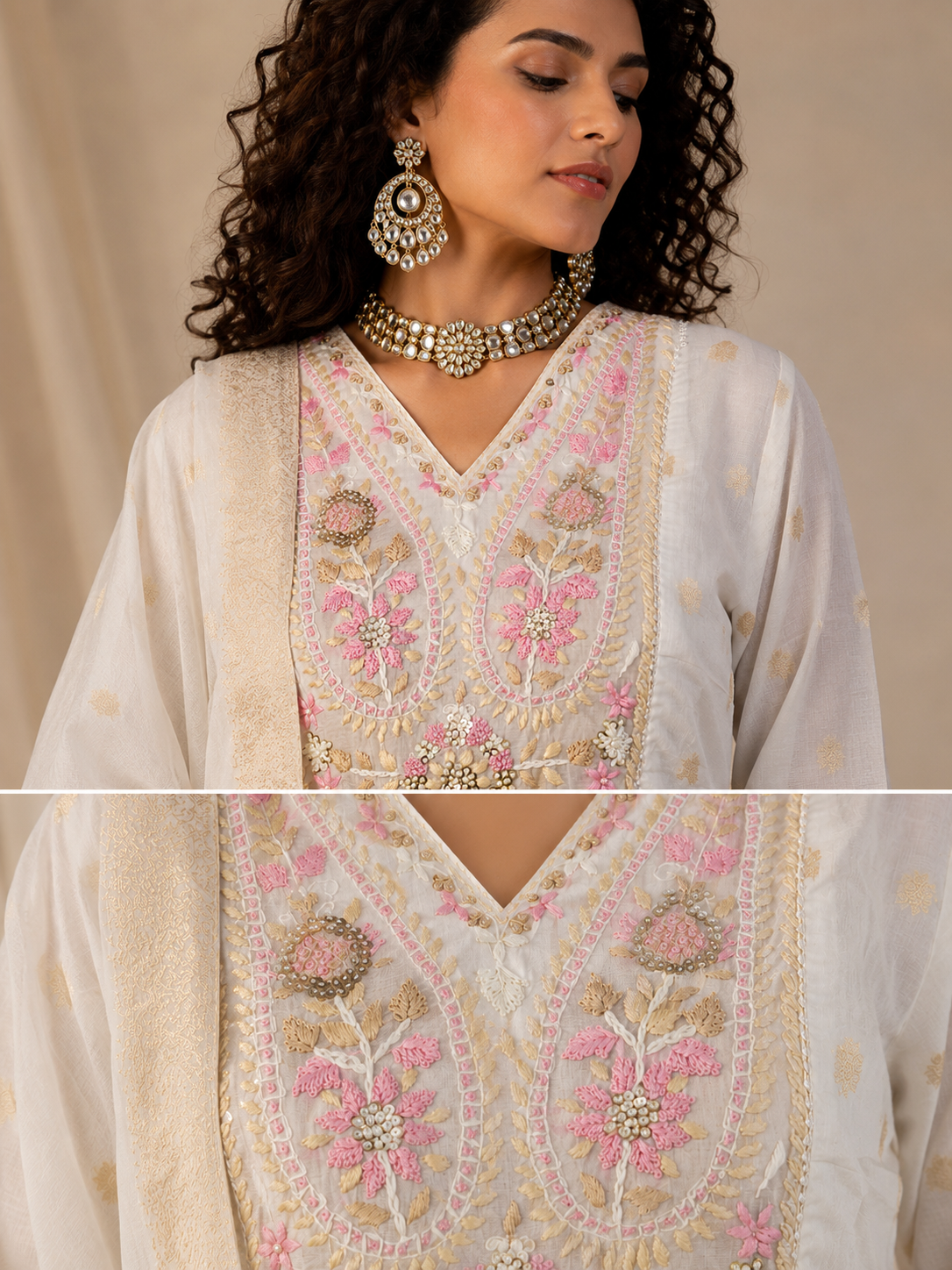 Mira off-white cotton Anarkali with floral thread embroidery and dupatta by Nayab Pitara – view 5