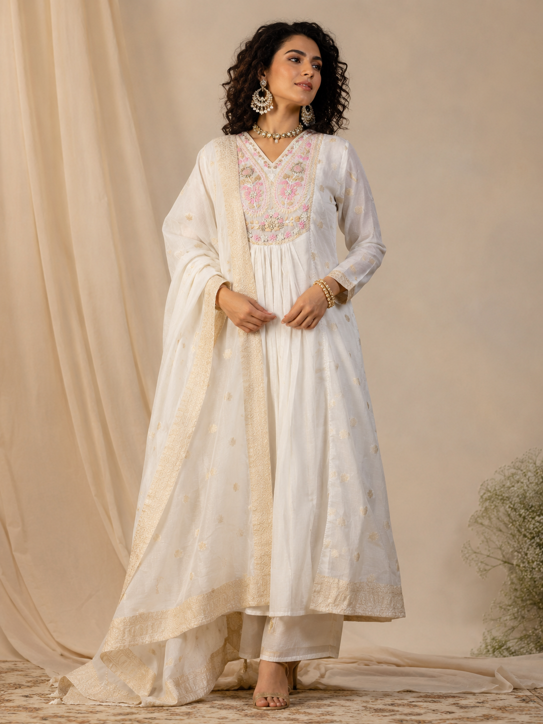 Mira off-white cotton Anarkali with floral thread embroidery and dupatta by Nayab Pitara – view 4