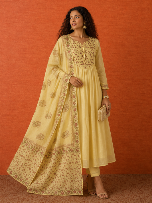 Marigold Handblock Cotton Anarkali Kurta Set by Nayab Pitara - view 1