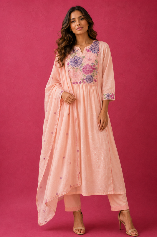 Florence Embroidered Mul Cotton A-Line Kurta Set
