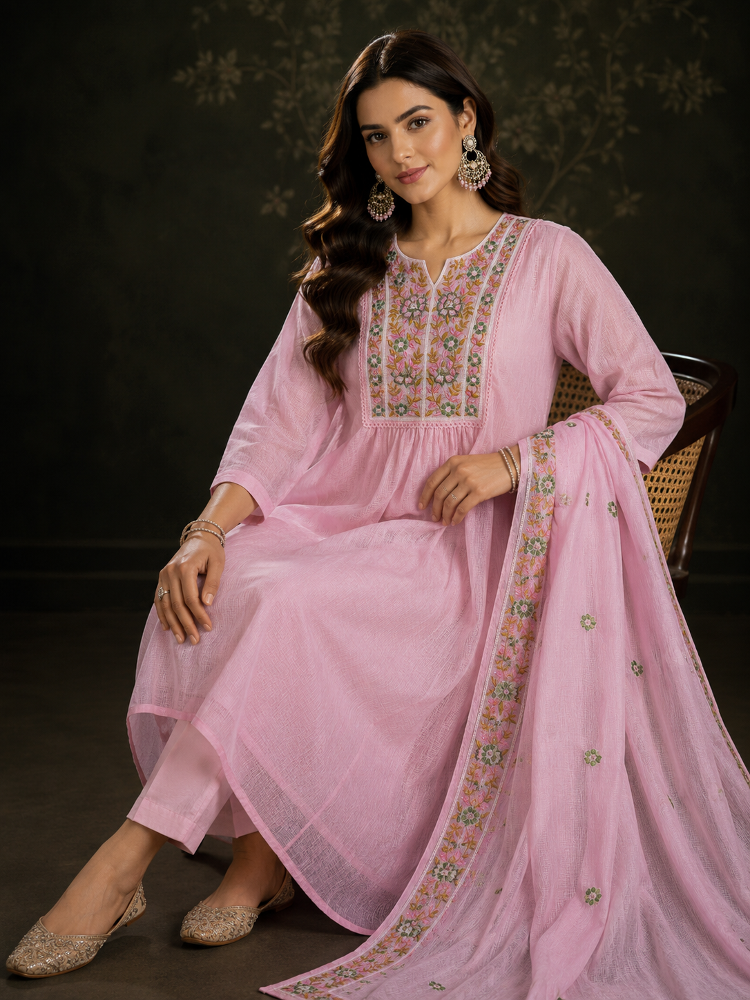 Madhuban light pink Kota cotton kurta set with floral embroidery and Kota dupatta by Nayab Pitara – view 5