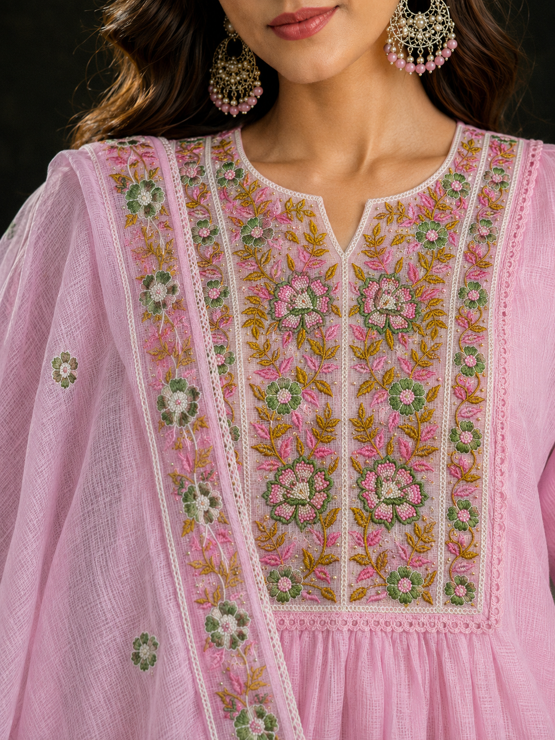 Madhuban light pink Kota cotton kurta set with floral embroidery and Kota dupatta by Nayab Pitara – view 6