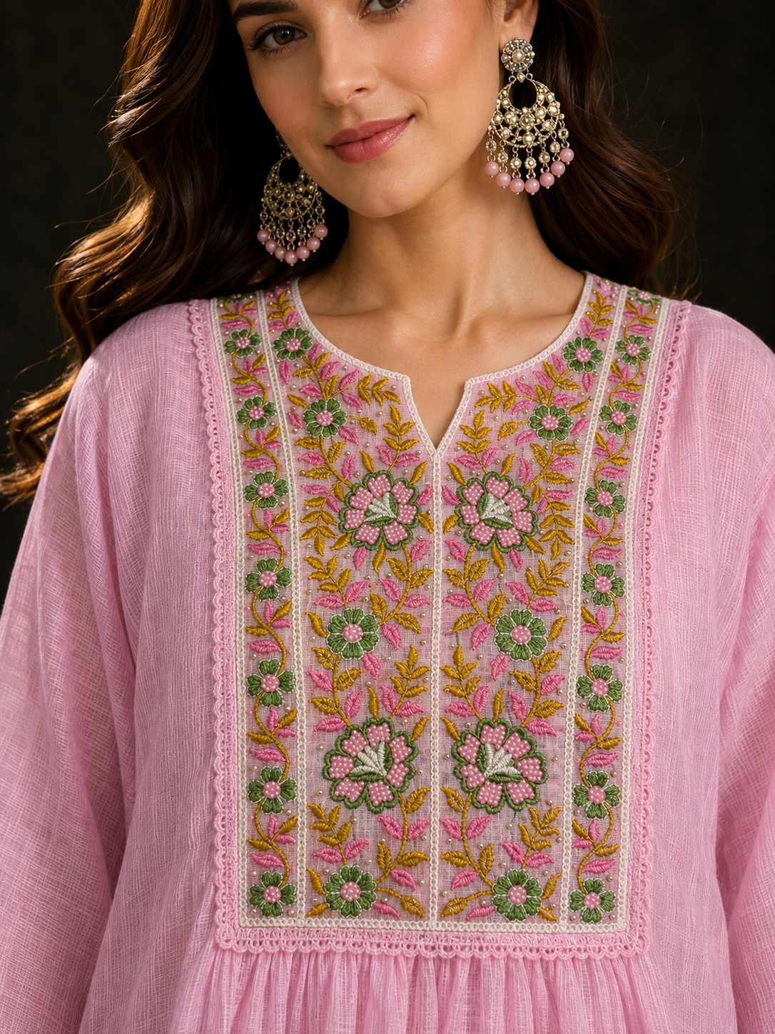 Madhuban light pink Kota cotton kurta set with floral embroidery and Kota dupatta by Nayab Pitara – view 4