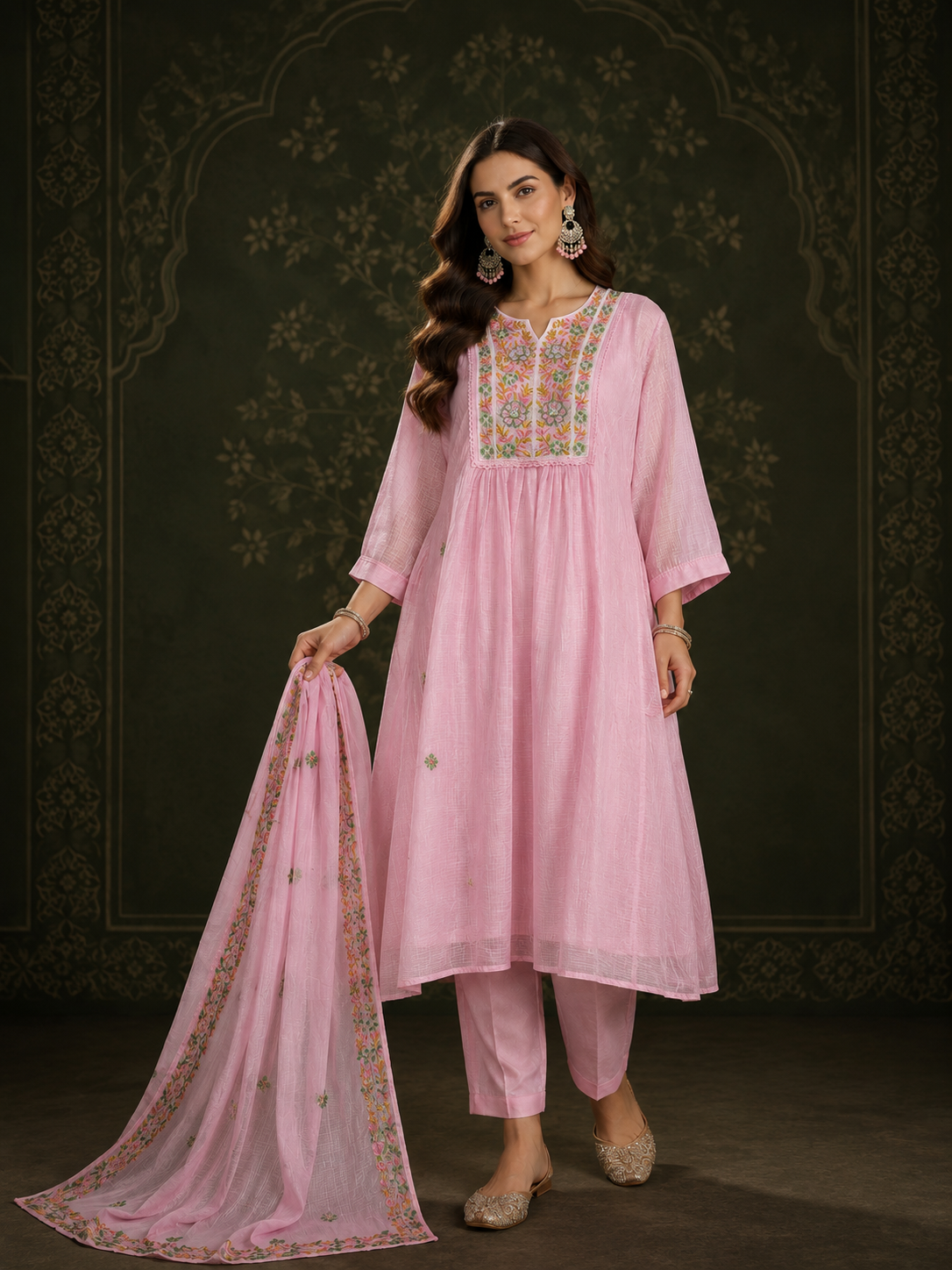 Madhuban light pink Kota cotton kurta set with floral embroidery and Kota dupatta by Nayab Pitara – view 3