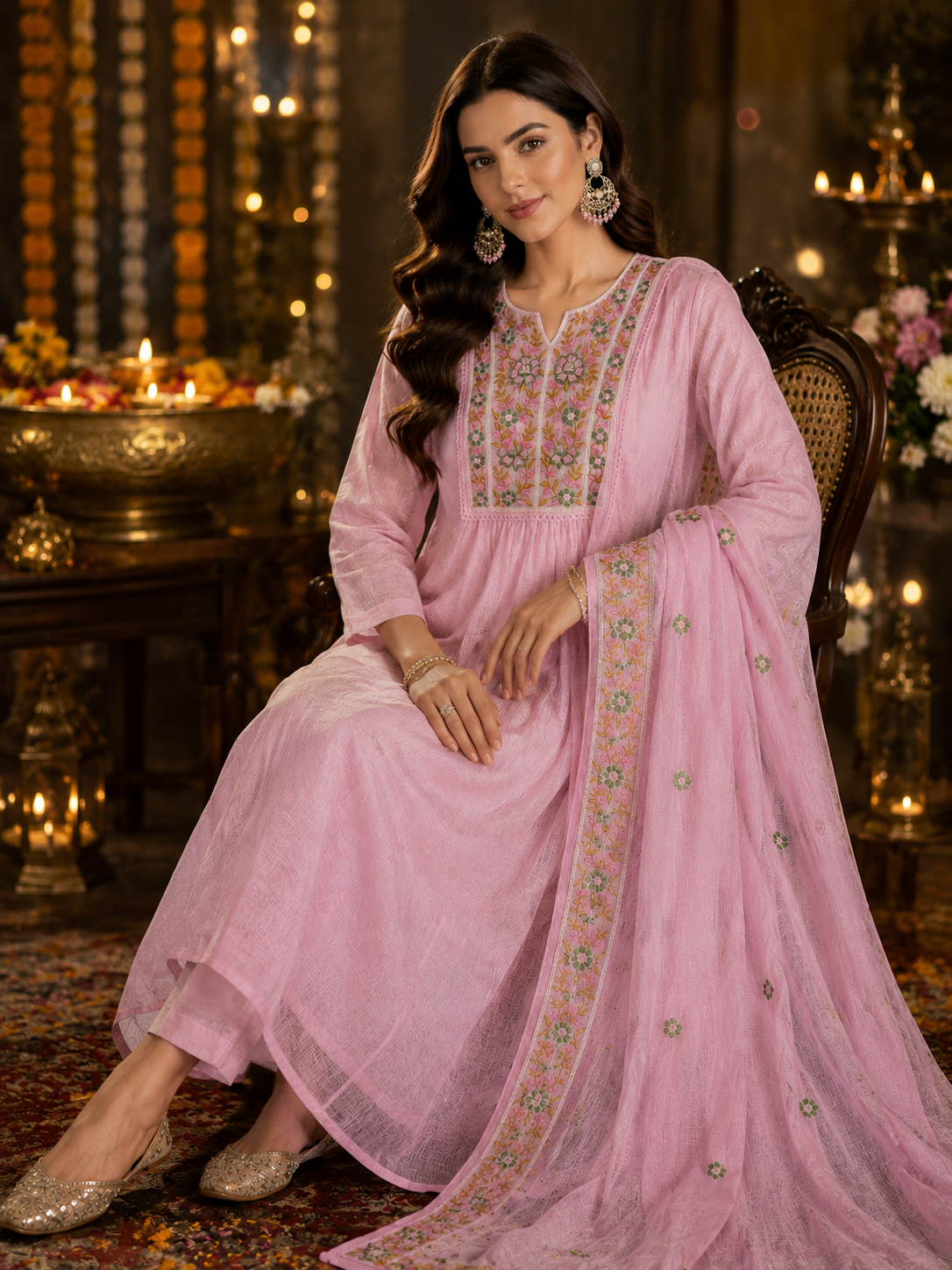 Woman wearing Madhuban light pink Kota cotton kurta set with floral embroidery and Kota dupatta by Nayab Pitara