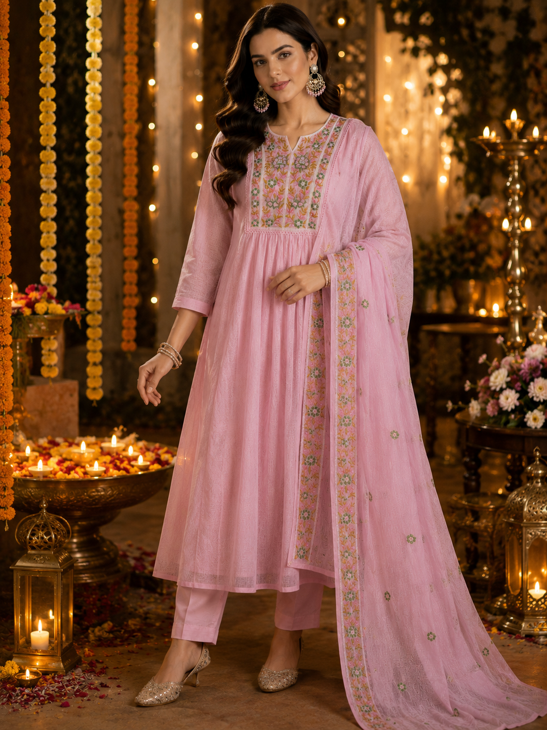 Madhuban light pink Kota cotton kurta set with floral embroidery and Kota dupatta by Nayab Pitara – view 2