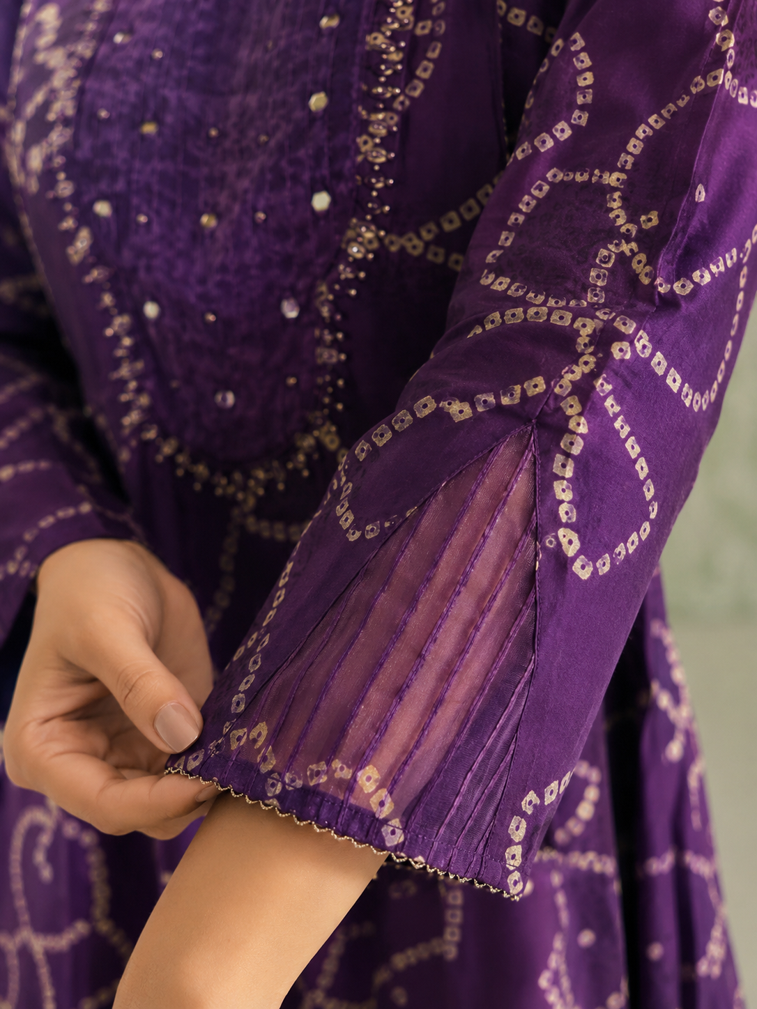 Tridha purple Bandhani print art silk A-line kurta suit set with dupatta by Nayab Pitara – view 5