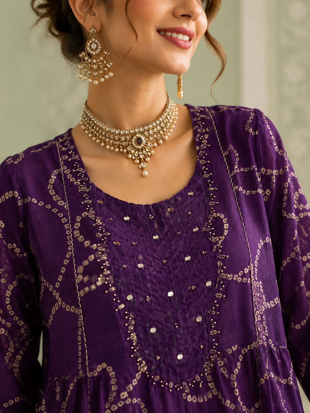 Tridha purple Bandhani print art silk A-line kurta suit set with dupatta by Nayab Pitara – view 4