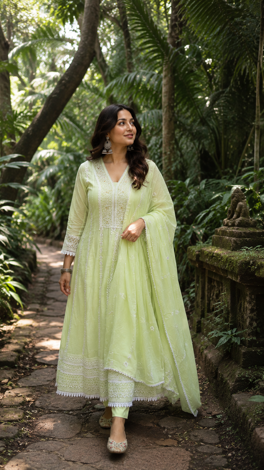 Pastel Pista Green Noor Anarkali Set by Nayab Pitara - view 1