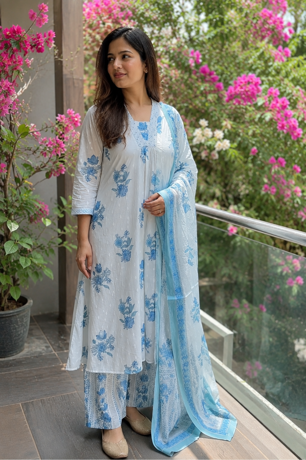 Bluebell white cotton kurta set with powder blue floral print, pants and dupatta by Nayab Pitara – view 4