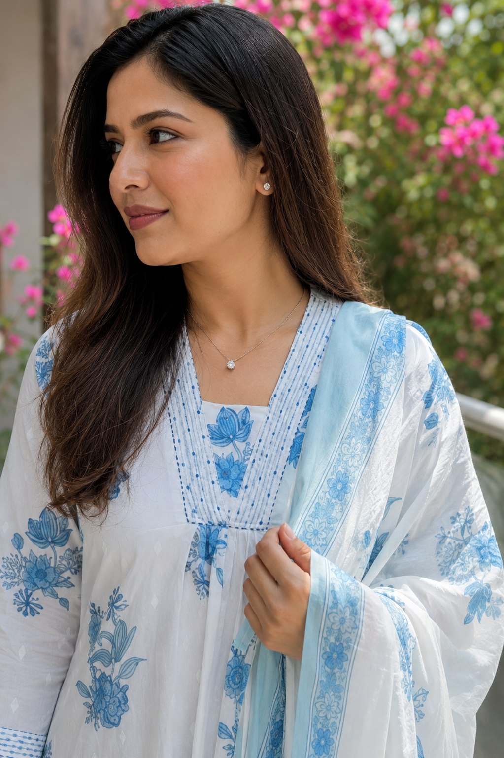 Bluebell white cotton kurta set with powder blue floral print, pants and dupatta by Nayab Pitara – view 3