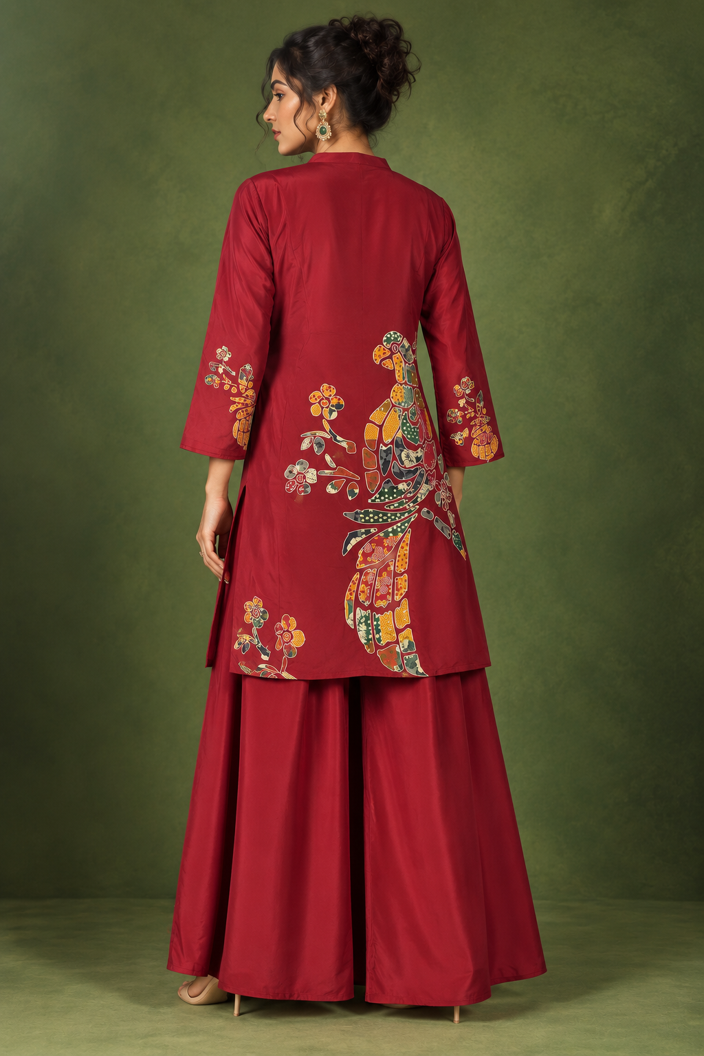 Mayur deep maroon kurta palazzo co-ord set with bird and floral artwork by Nayab Pitara – view 4