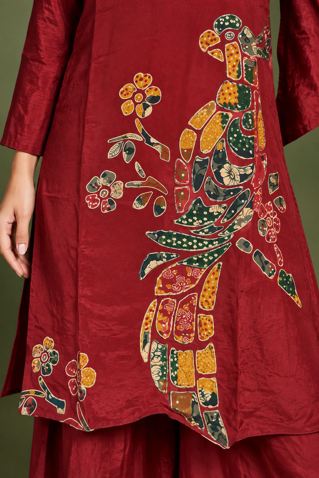 Mayur deep maroon kurta palazzo co-ord set with bird and floral artwork by Nayab Pitara – view 3
