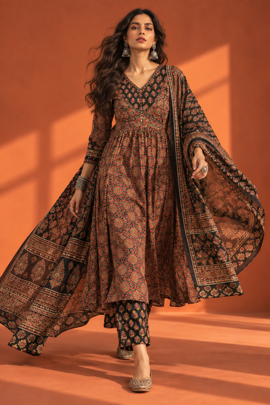 Parampara Black Anarkali Kurta with printed Dupatta and straight pants