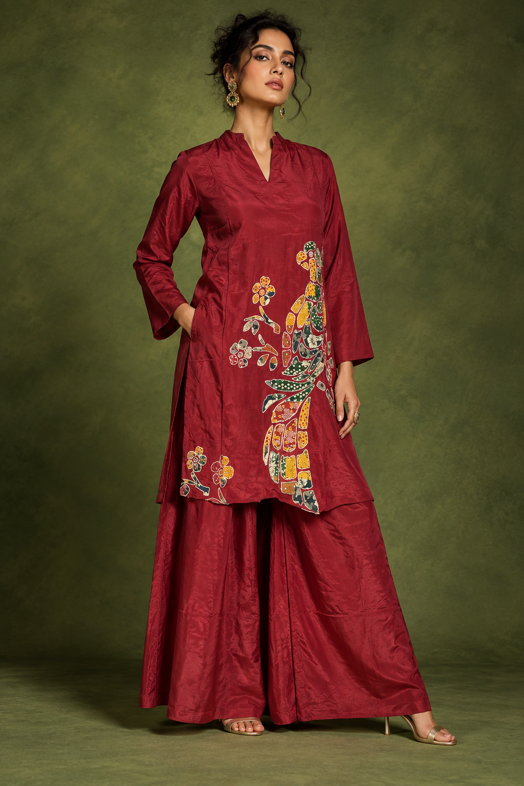 Mayur deep maroon kurta palazzo co-ord set with bird and floral artwork by Nayab Pitara – view 2