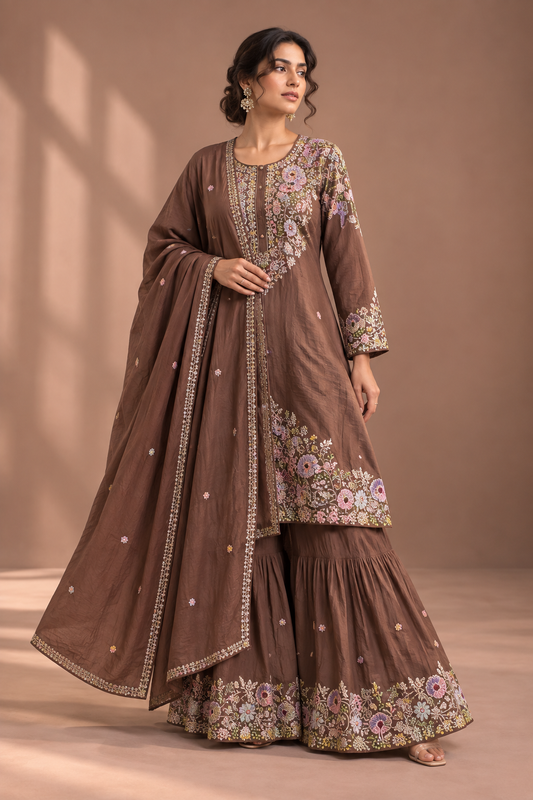 Manjari Brown Short kurta Sharara set