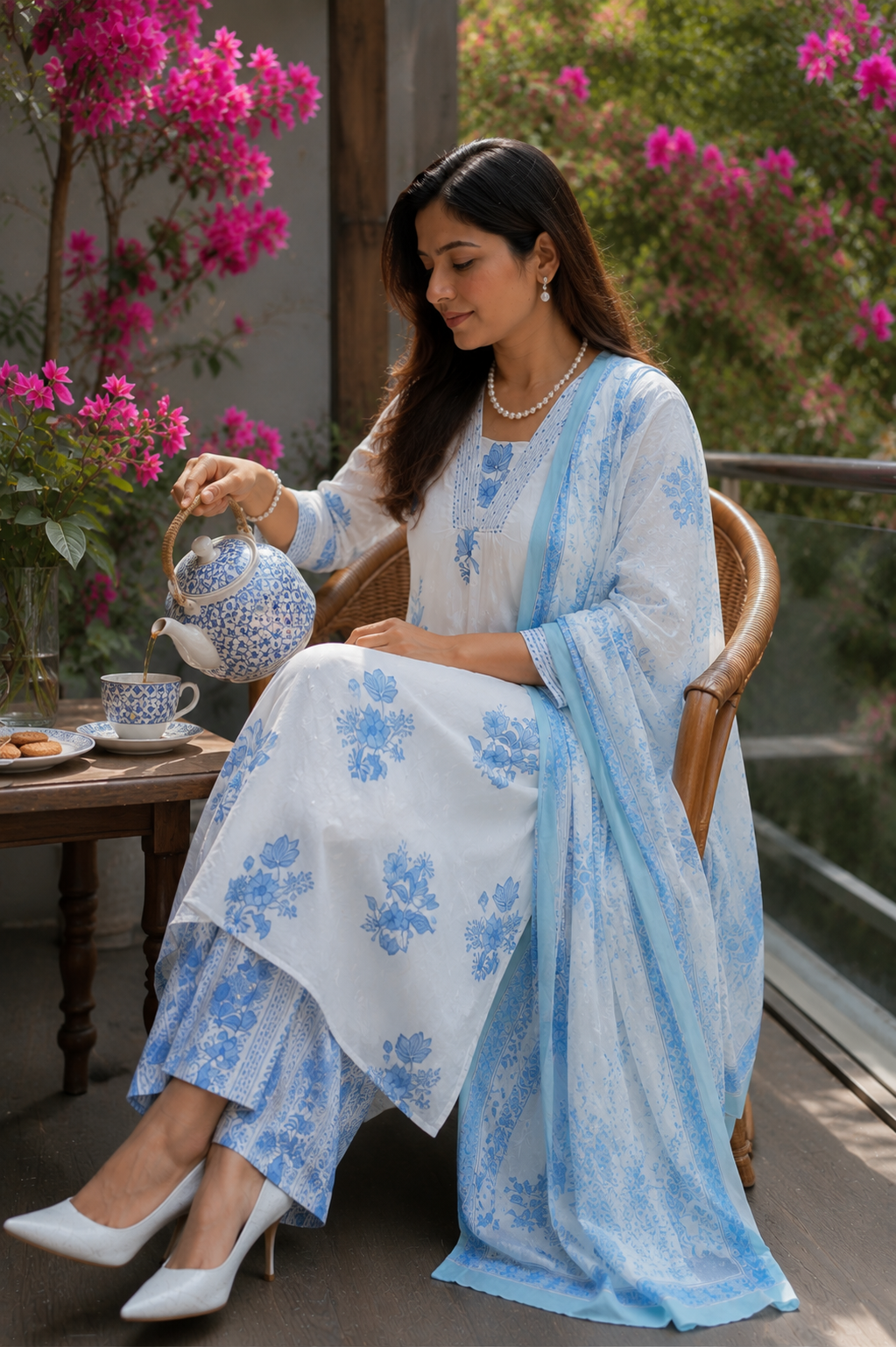 Bluebell white cotton kurta set with powder blue floral print, pants and dupatta by Nayab Pitara – view 5