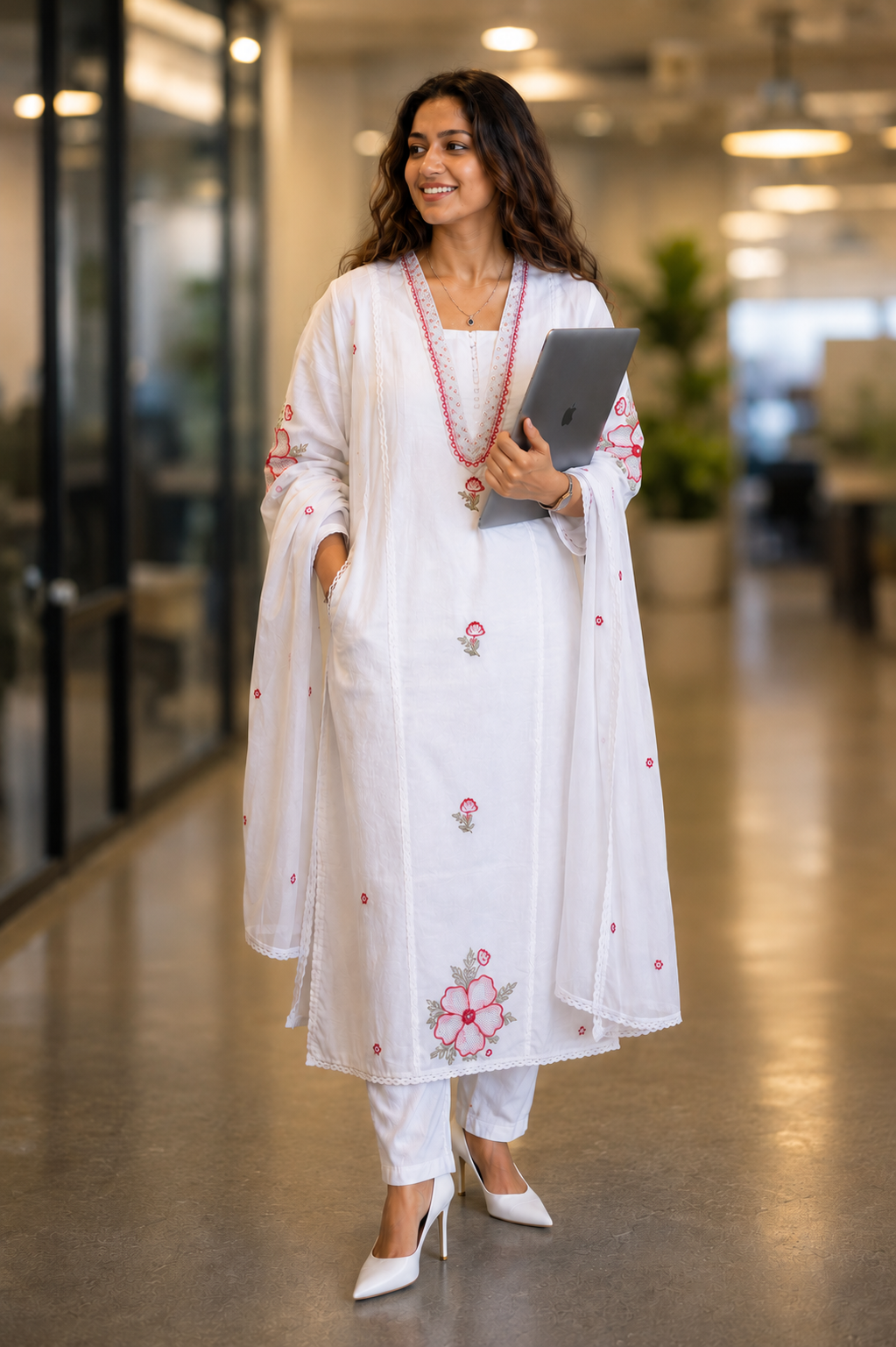 Parijat white cotton kurta set with pink floral embroidery, pants and dupatta by Nayab Pitara – view 3