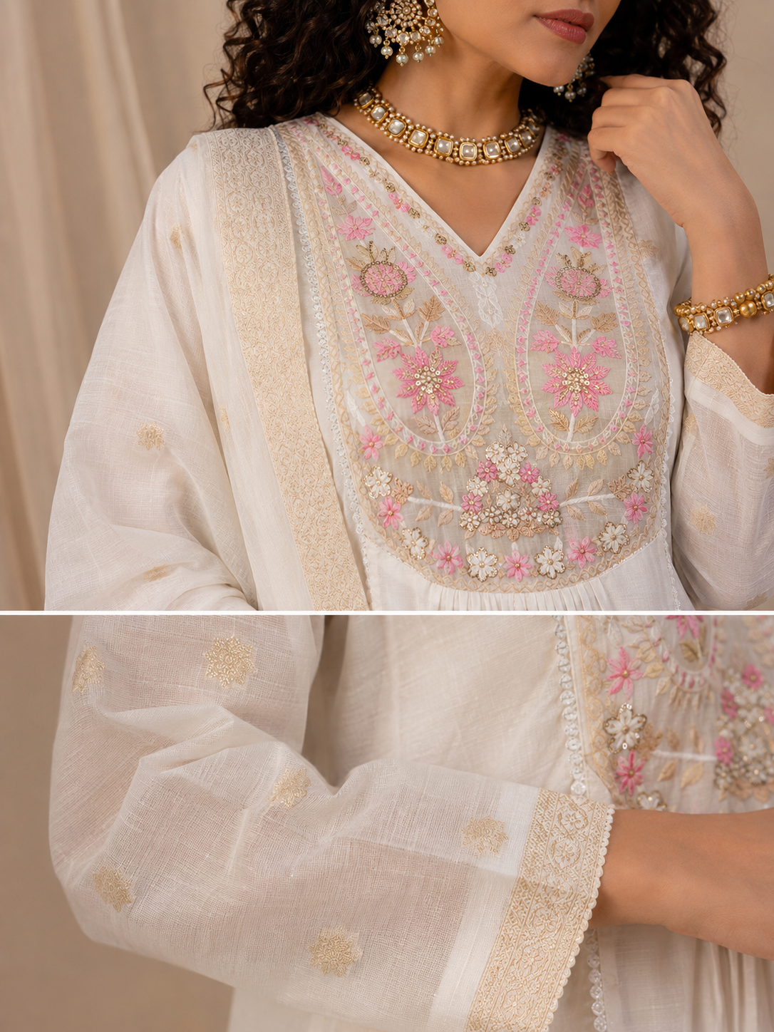 Mira off-white cotton Anarkali with floral thread embroidery and dupatta by Nayab Pitara – view 7