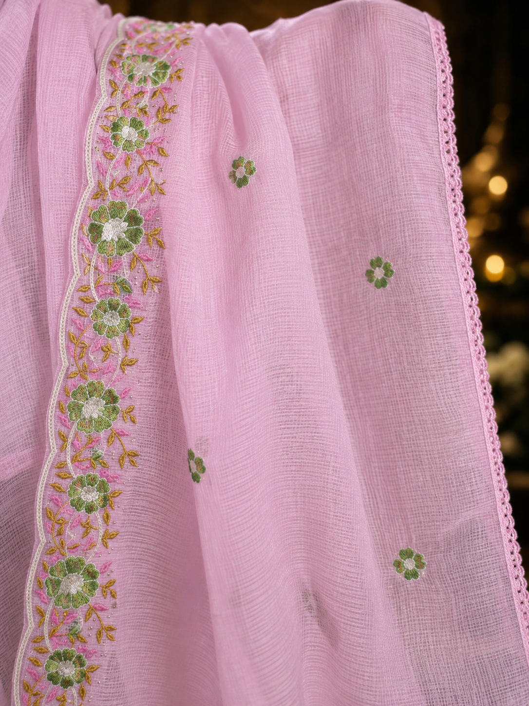 Madhuban light pink Kota cotton kurta set with floral embroidery and Kota dupatta by Nayab Pitara – view 7